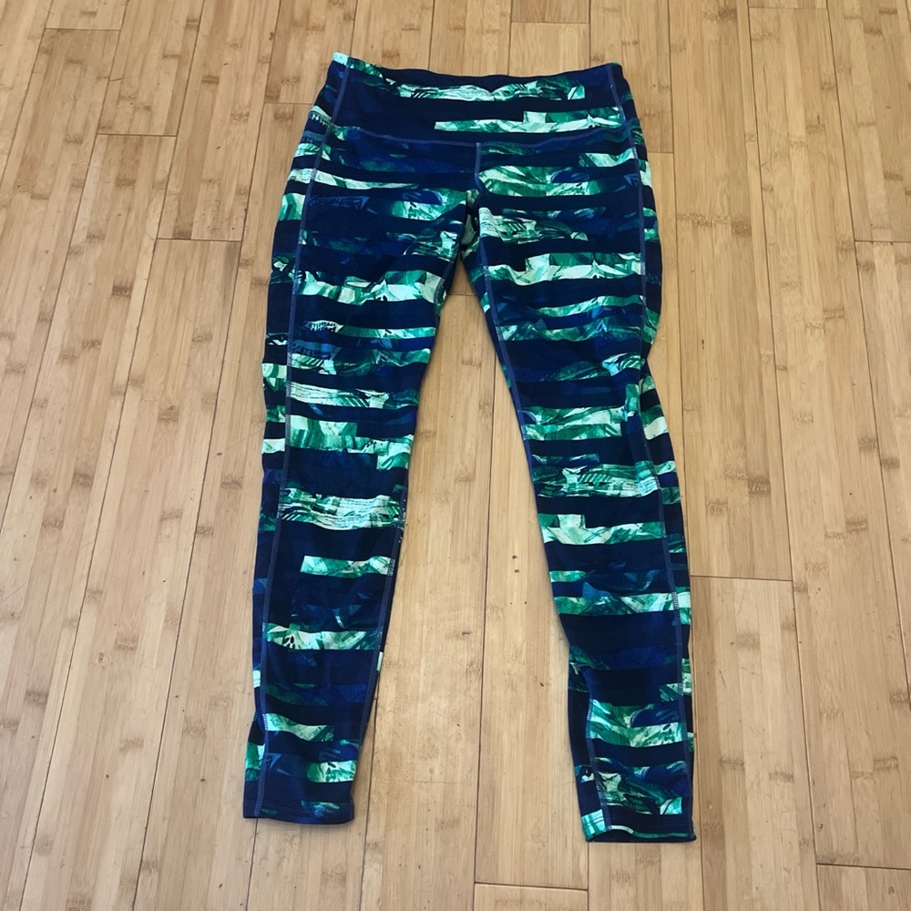 Athleta Blue Green Striped Leggings Stretchy Fit